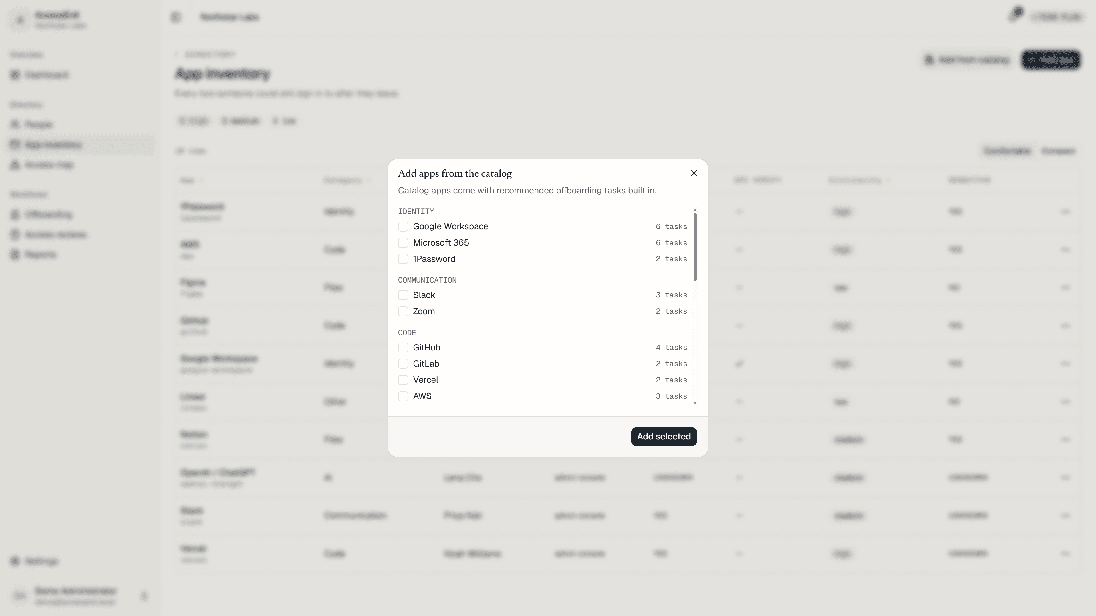 AccessExit's app catalog — "catalog apps come with recommended offboarding tasks built in" — listing tools with the number of hand-written offboarding tasks each one carries.