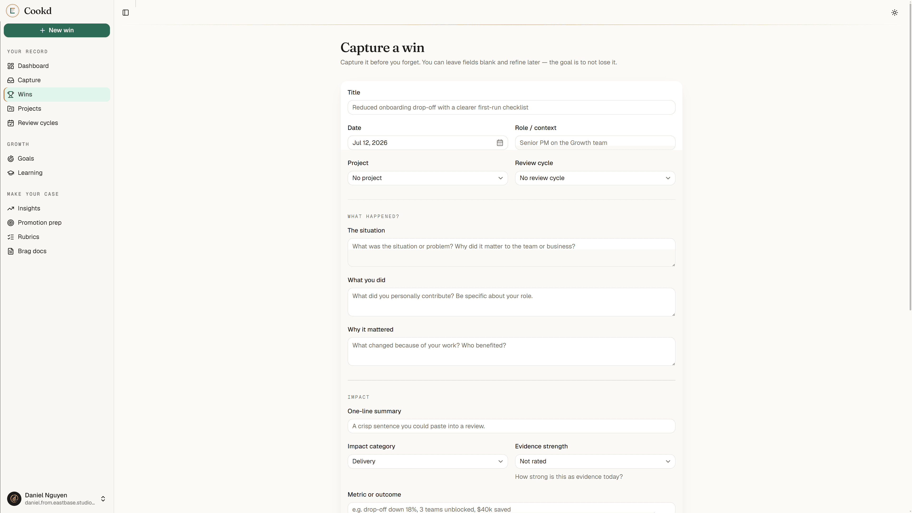 Cookd's "capture a win" form — labelled fields for the situation, what you did, why it mattered, and a metric or outcome.