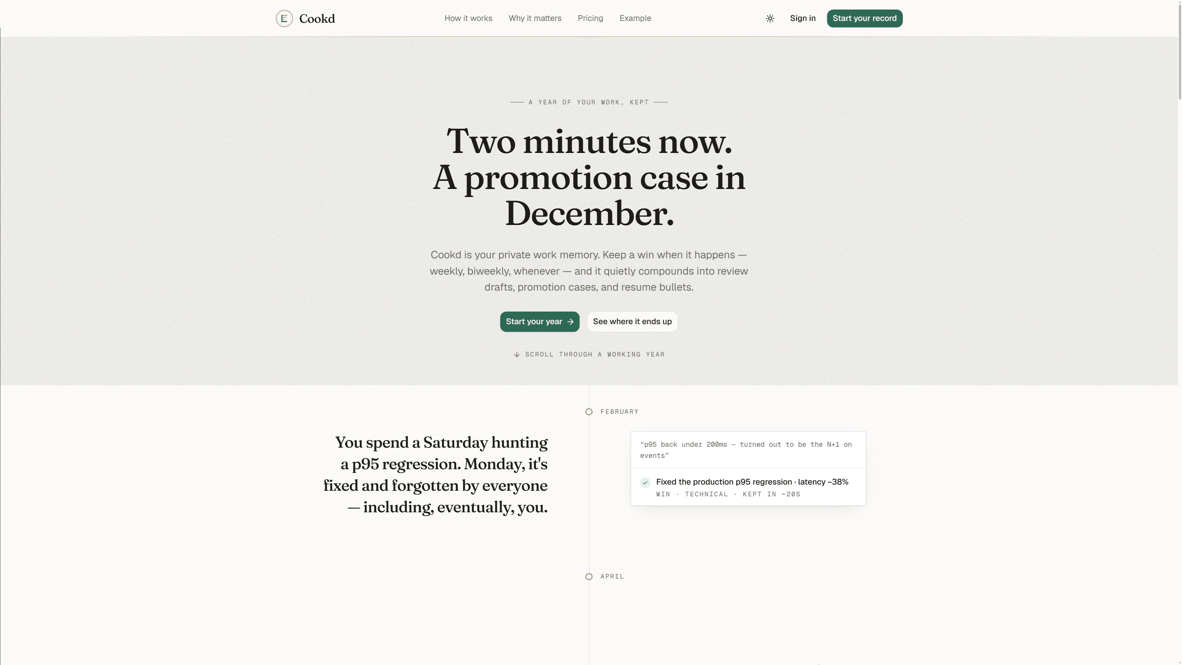 Cookd landing hero — "A year of your work, kept. Two minutes now, a promotion case in December."