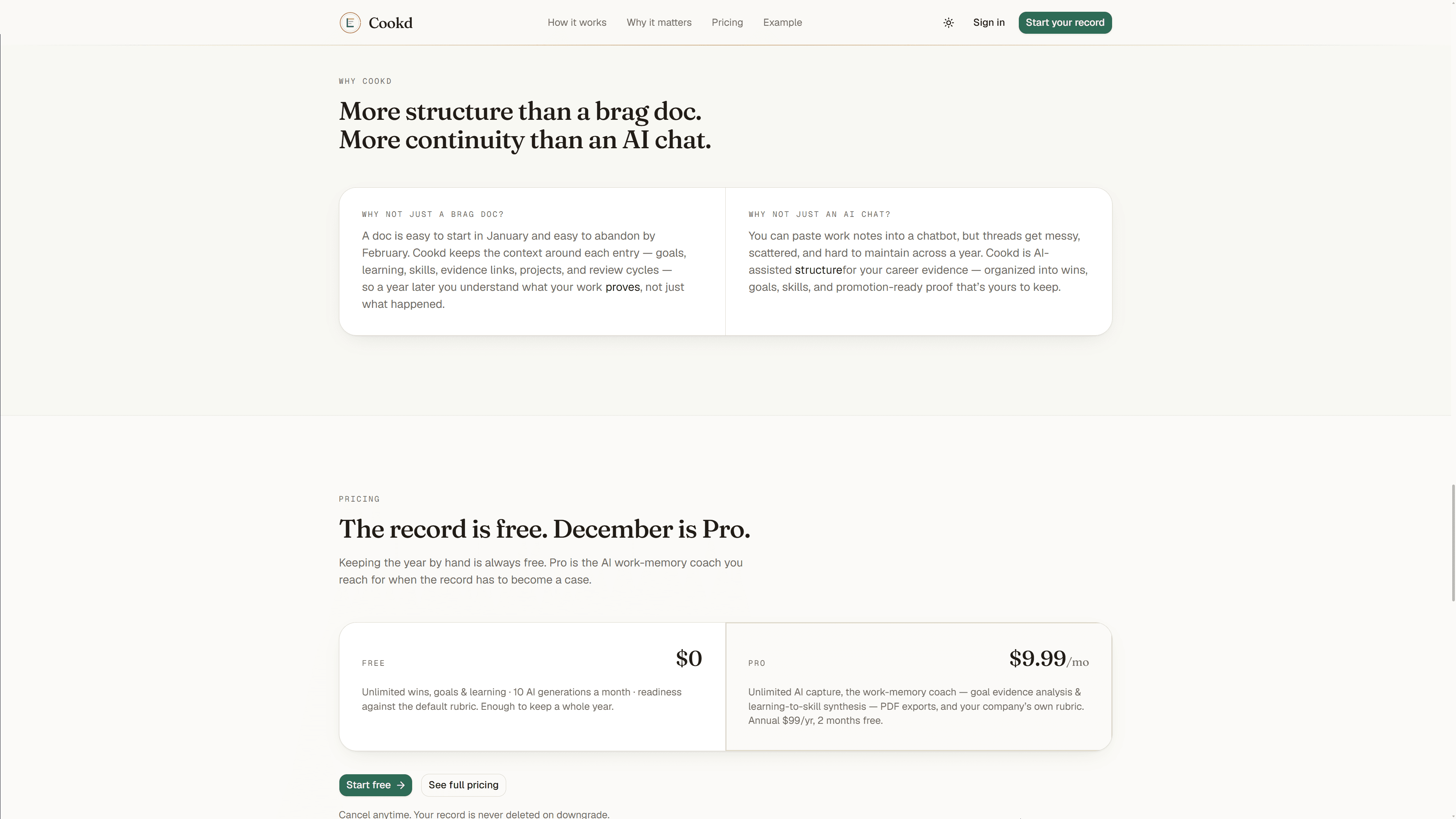 Cookd landing section — "More structure than a brag doc. More continuity than an AI chat." — on why a plain doc is easy to start in January and abandon by February.