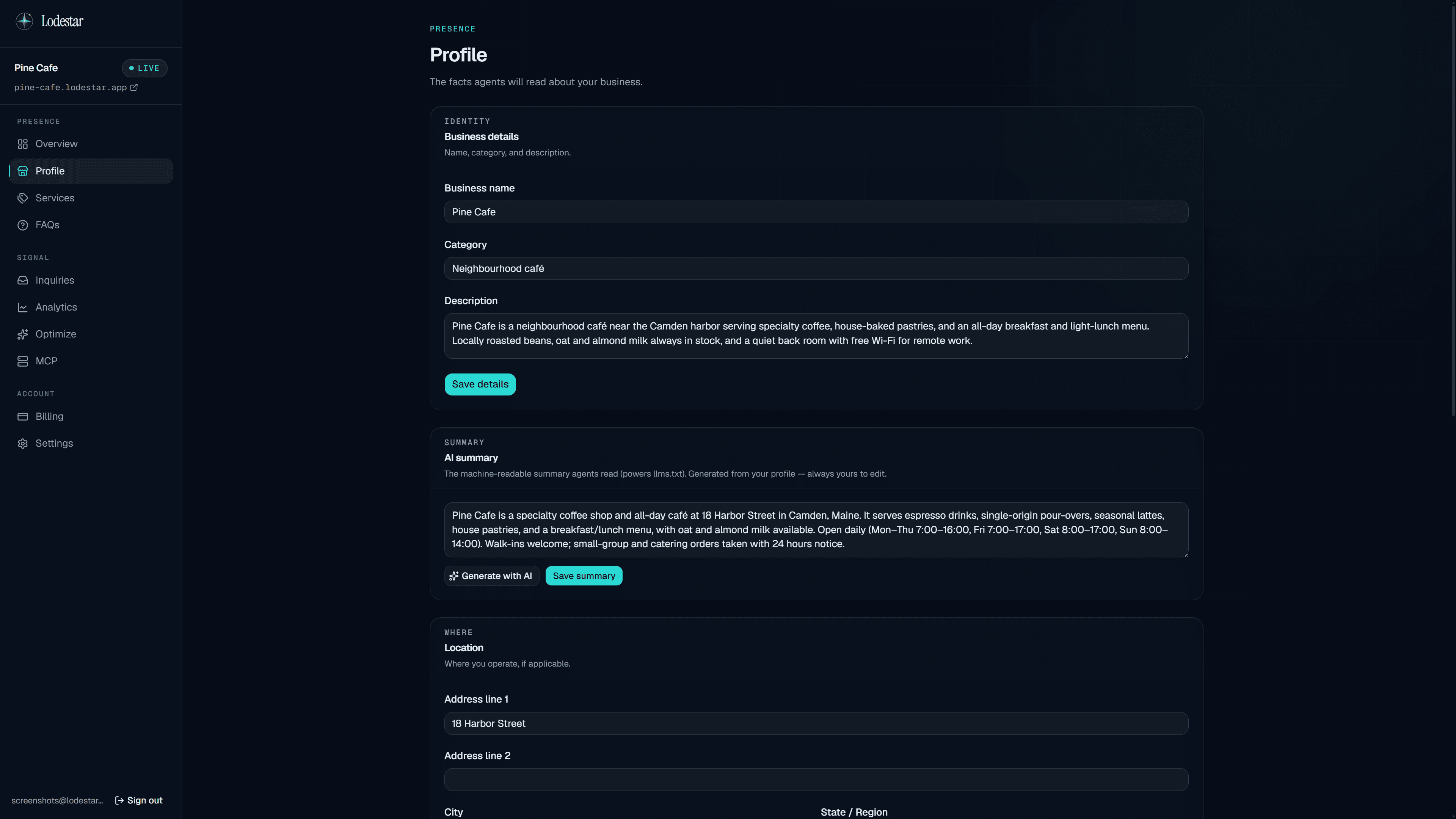 Lodestar's profile editor — the business facts agents will read (name, category, description, and an AI summary that powers llms.txt) — the one form the machine-facing files are generated from.
