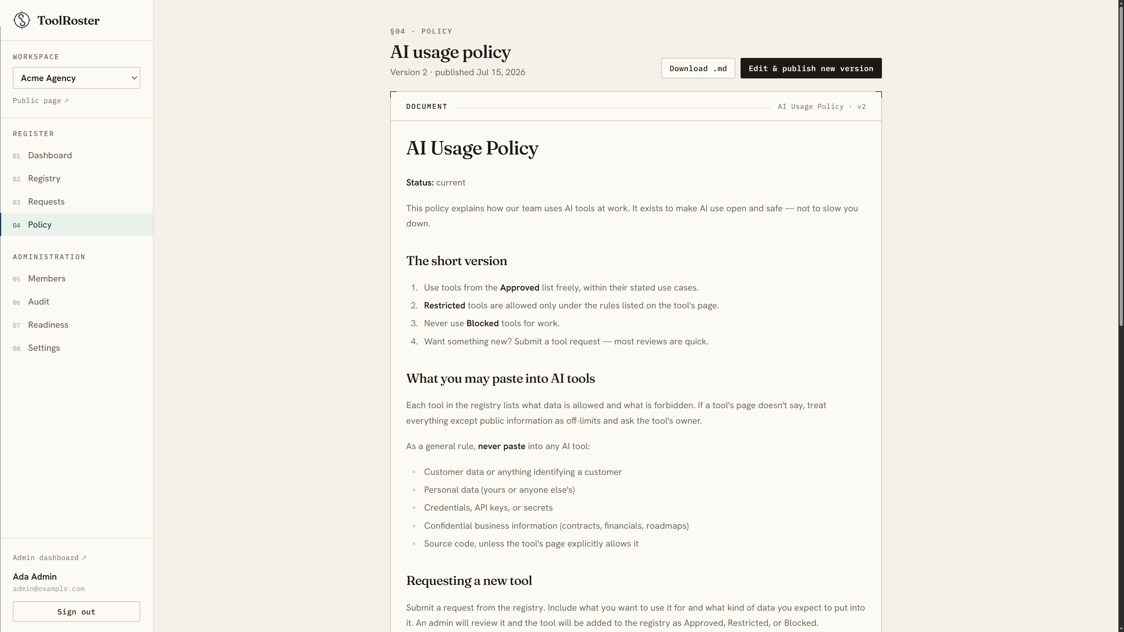 A versioned AI usage policy — "Version 2, published Jul 15, 2026" — with the short version, the never-paste data rules, and buttons to download it or publish a new version.