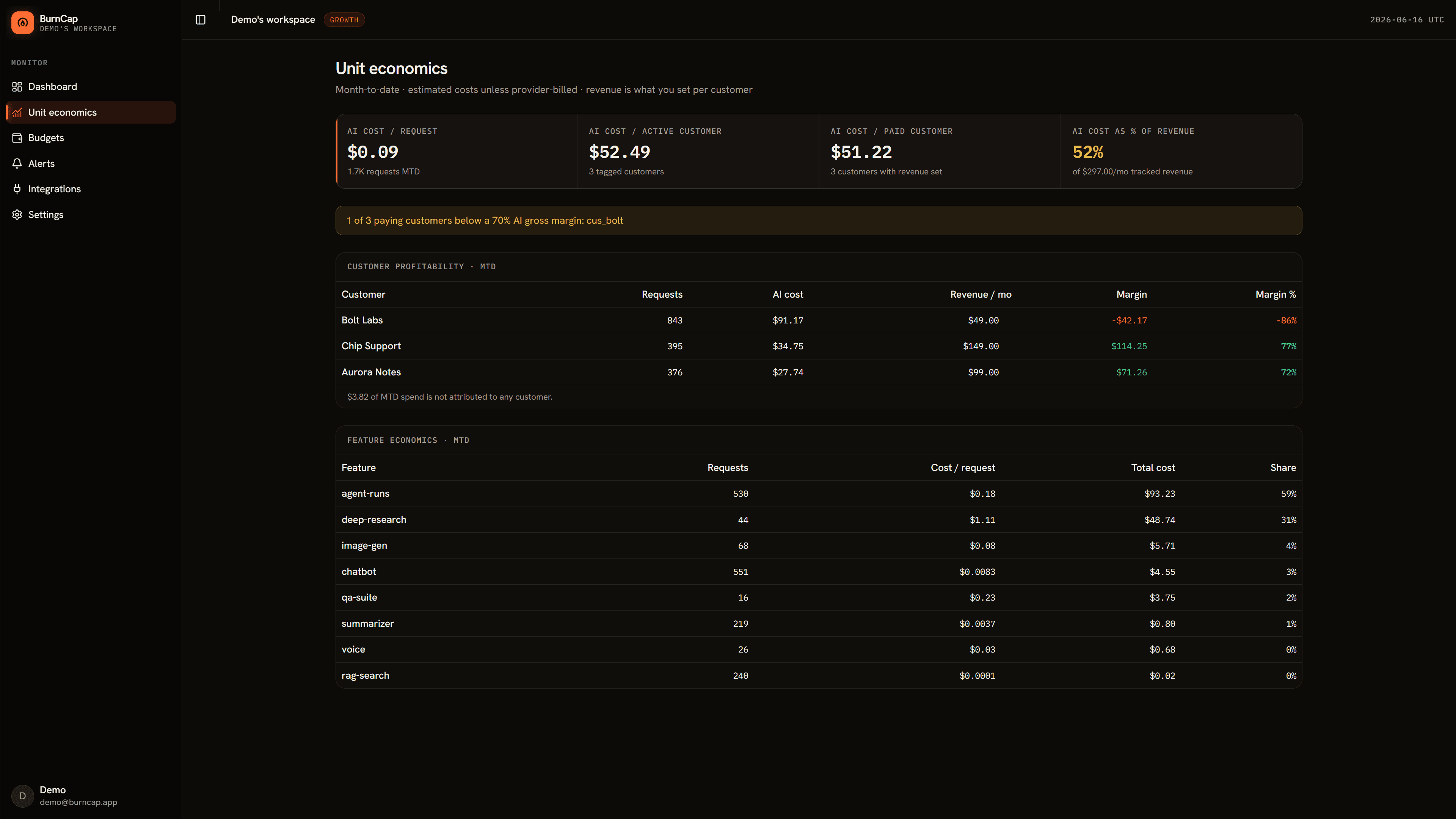 BurnCap unit-economics view with per-customer cost, revenue, and margin — every figure labeled and reproducible.